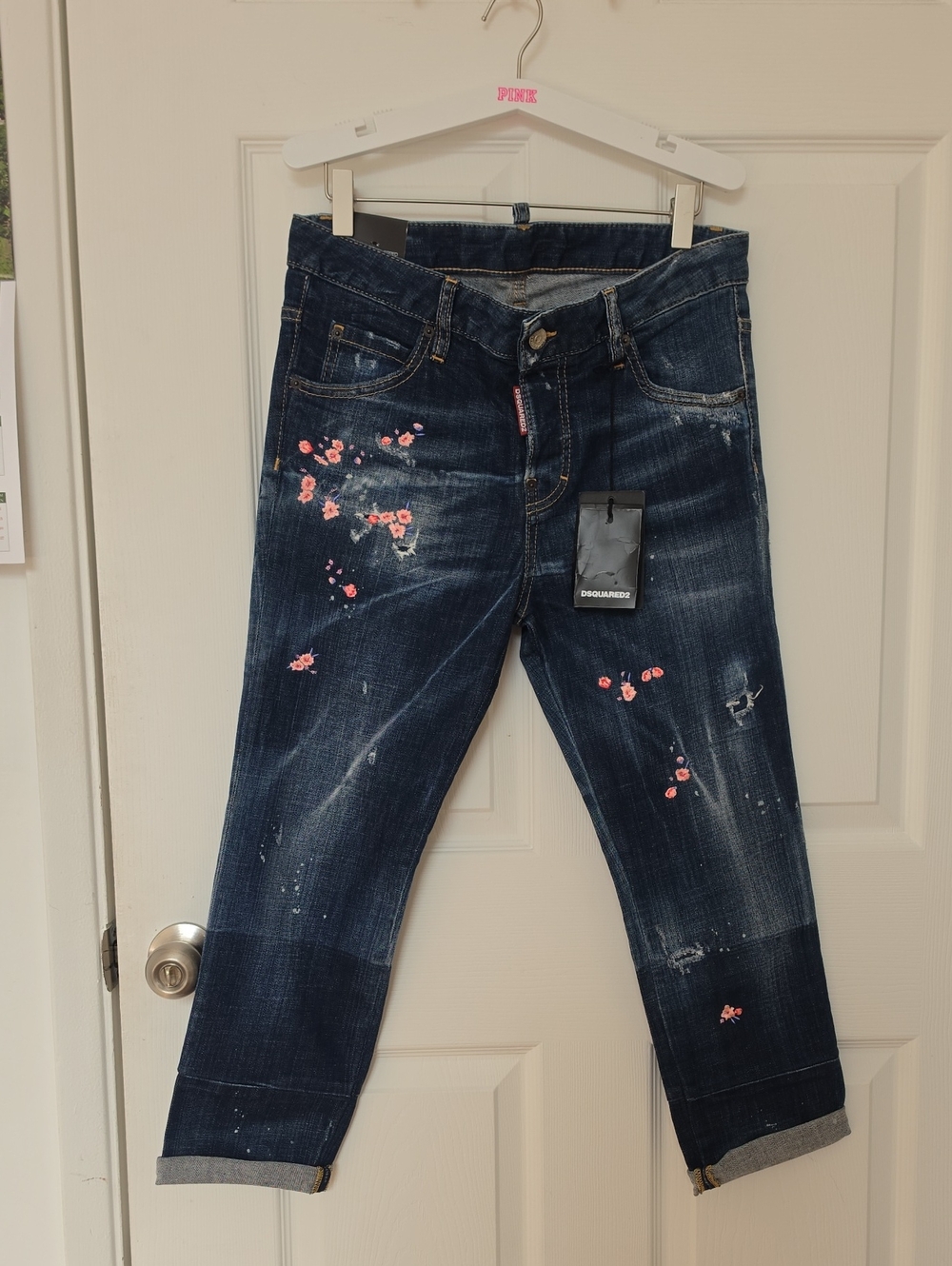 DSQUARED2 Dark Blue Denim Crop Jeans with Pink Floral Embroidery